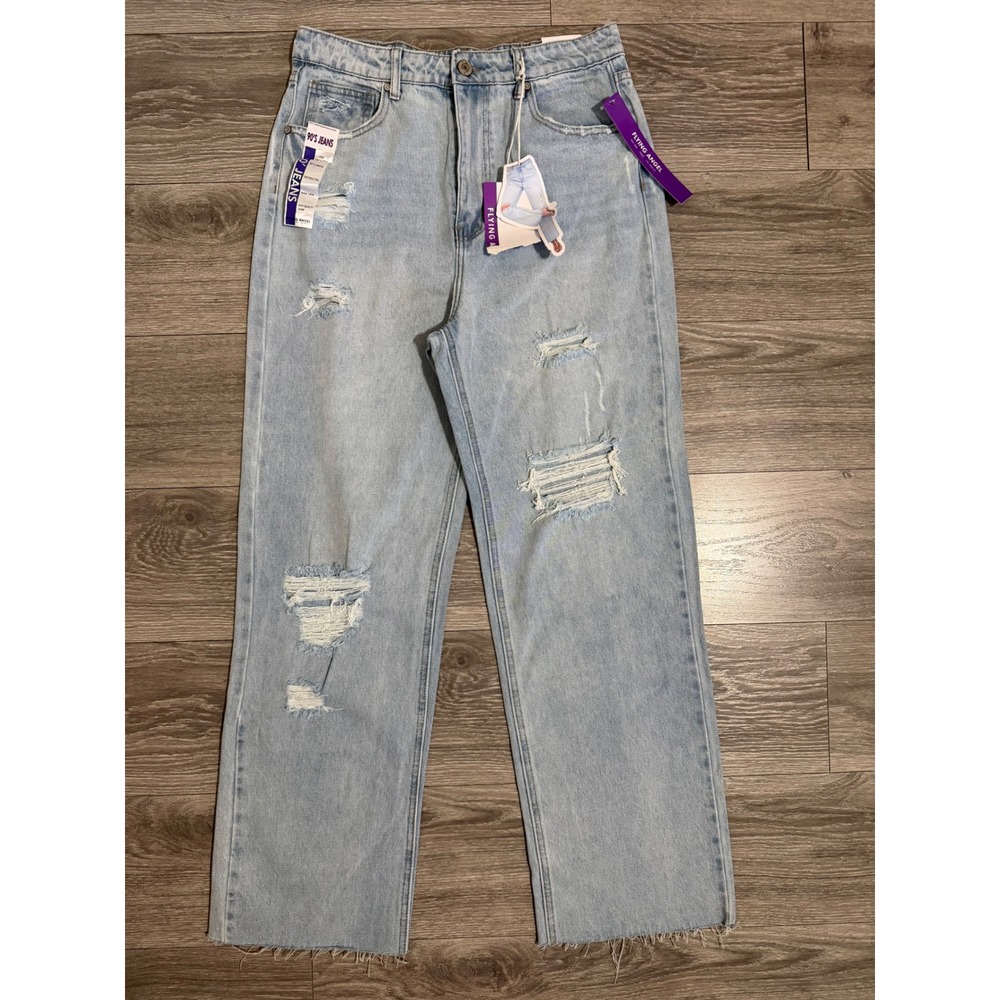 Women Jeans Size 13 32x30 Light Wash Distressed Frayed High Rise‎ BROKEN Zipper